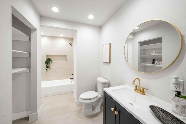 full bath with built in features, toilet, tile patterned flooring, vanity, and recessed lighting