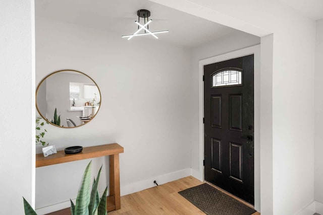 foyer entrance with baseboards and wood finished floors