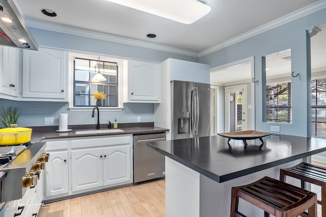 kitchen with white cabinetry, sink, island range hood, and stainless steel appliances