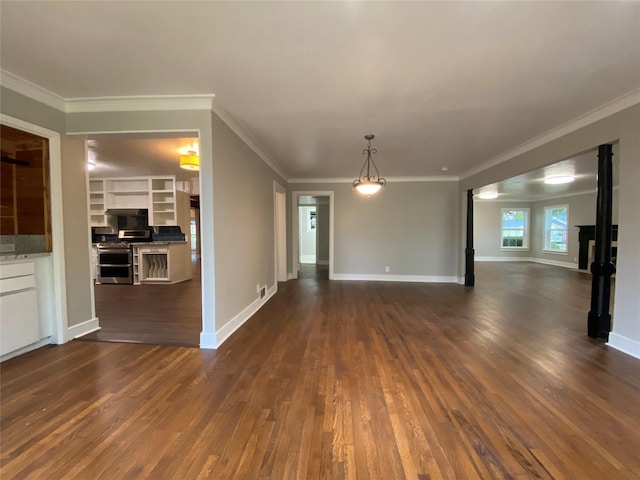 unfurnished living room featuring a fireplace, dark hardwood / wood-style floors, and ornamental molding