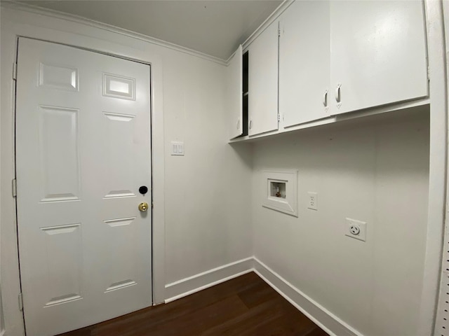 laundry room with dark wood-type flooring, cabinets, electric dryer hookup, crown molding, and hookup for a washing machine