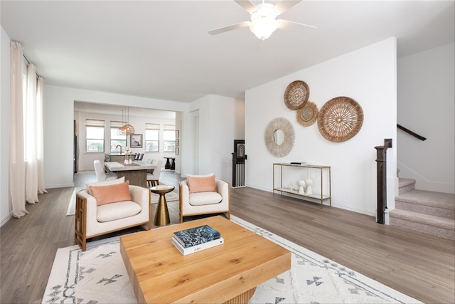 living room with ceiling fan and light wood-type flooring