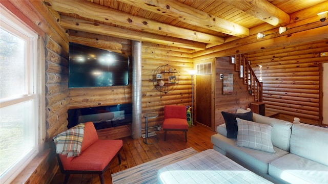 living room featuring hardwood / wood-style floors, wooden ceiling, beamed ceiling, and log walls