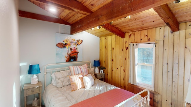 bedroom featuring lofted ceiling with beams, wooden walls, and wooden ceiling