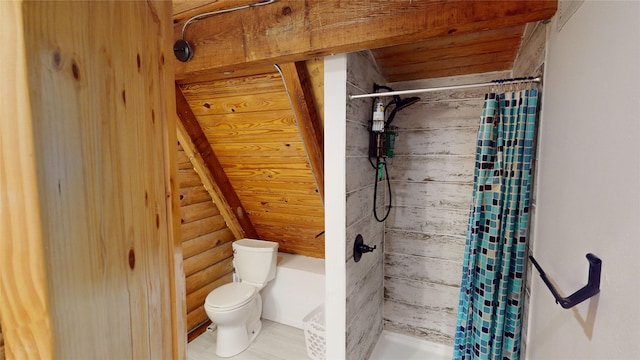 bathroom with rustic walls, curtained shower, wooden ceiling, and toilet