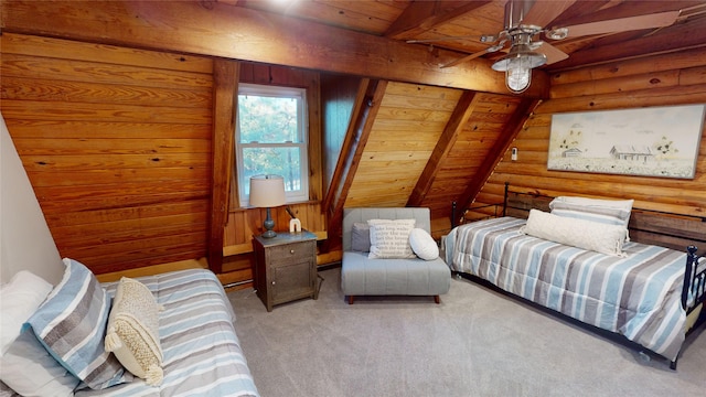 bedroom featuring ceiling fan, log walls, beamed ceiling, light carpet, and wood ceiling