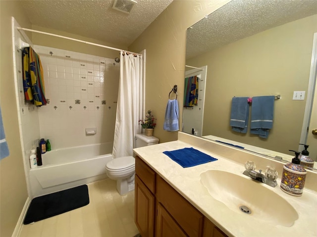 full bathroom with vanity, a textured ceiling, toilet, and shower / bathtub combination with curtain