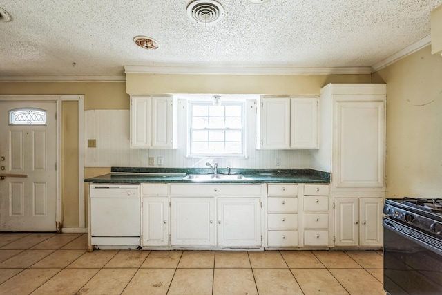 kitchen with black range with gas stovetop, dishwasher, light tile patterned flooring, and sink