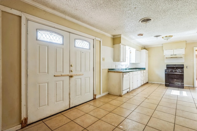 kitchen with dishwasher, white cabinets, light tile patterned flooring, and black gas range oven