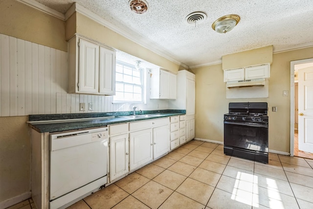 kitchen with white cabinets, black range with gas stovetop, sink, dishwasher, and light tile patterned flooring