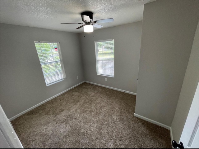 spare room featuring a wealth of natural light, carpet, a textured ceiling, and ceiling fan