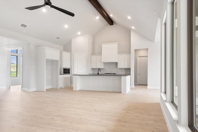 unfurnished living room featuring high vaulted ceiling, sink, beam ceiling, ceiling fan, and light wood-type flooring