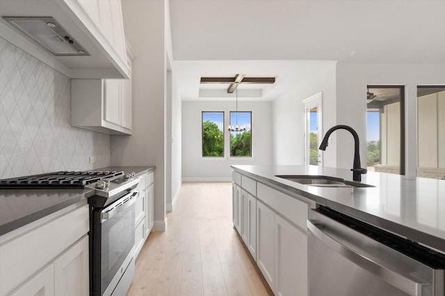 kitchen featuring sink, hanging light fixtures, stainless steel appliances, white cabinets, and a raised ceiling