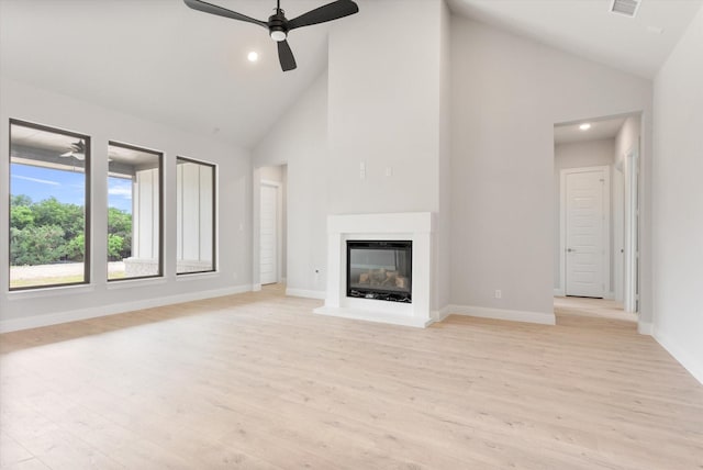 unfurnished living room featuring light hardwood / wood-style flooring, high vaulted ceiling, and ceiling fan