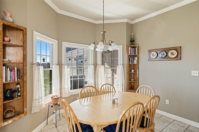 dining area featuring a chandelier, crown molding, and light tile patterned flooring