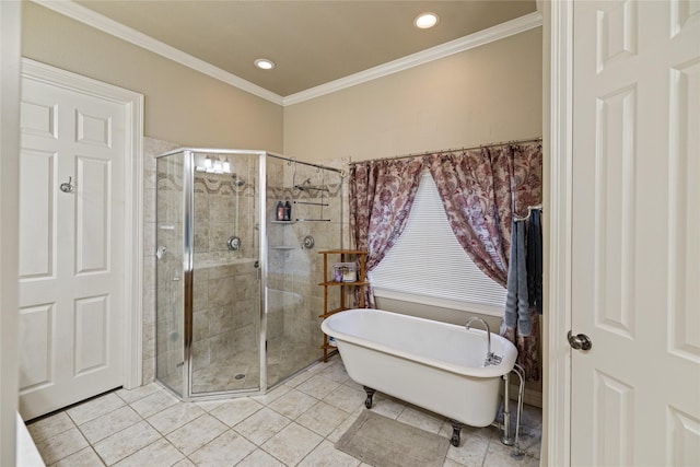 bathroom with crown molding, tile patterned flooring, and shower with separate bathtub