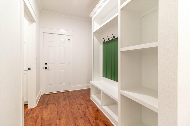 mudroom with hardwood / wood-style floors and crown molding