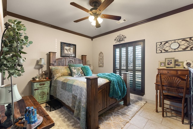 tiled bedroom featuring ceiling fan and ornamental molding