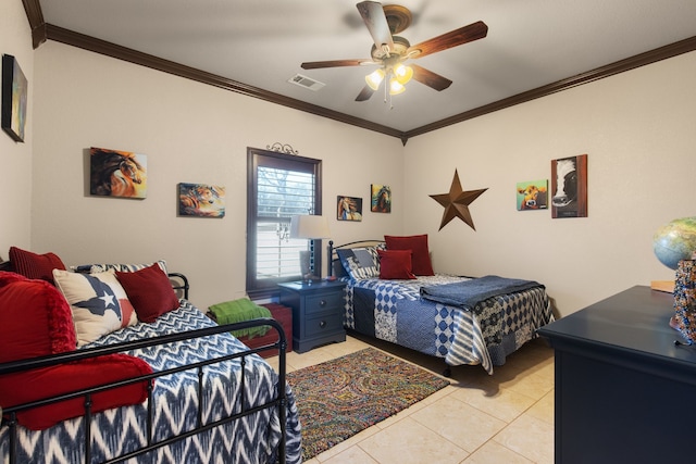 bedroom featuring ceiling fan, light tile patterned floors, and ornamental molding