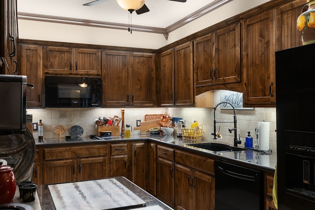 kitchen with black appliances, dark brown cabinets, sink, and tasteful backsplash