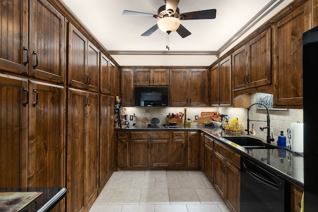 kitchen with black appliances, decorative backsplash, dark brown cabinets, and sink