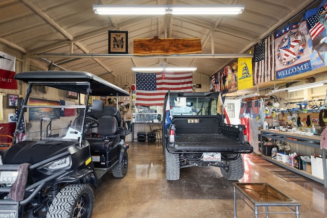 garage with a workshop area