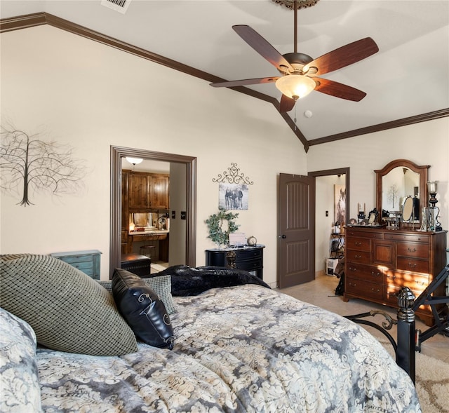 bedroom featuring ceiling fan, crown molding, and lofted ceiling