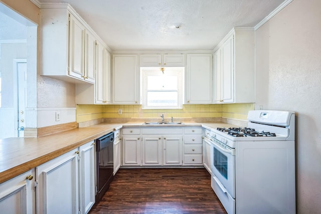 kitchen with white cabinetry, sink, dishwasher, dark wood-type flooring, and white range with gas cooktop