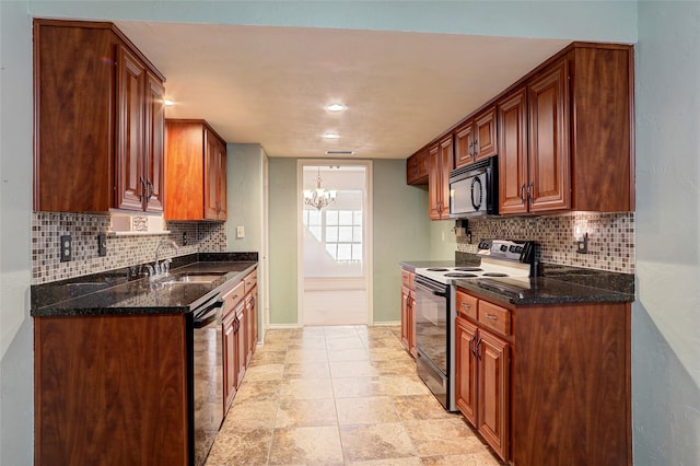 kitchen featuring dishwasher, electric stove, sink, dark stone countertops, and a notable chandelier