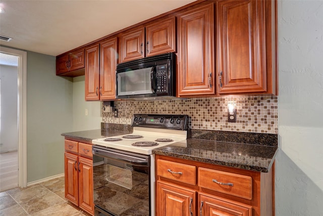 kitchen with backsplash, white range with electric stovetop, and dark stone countertops