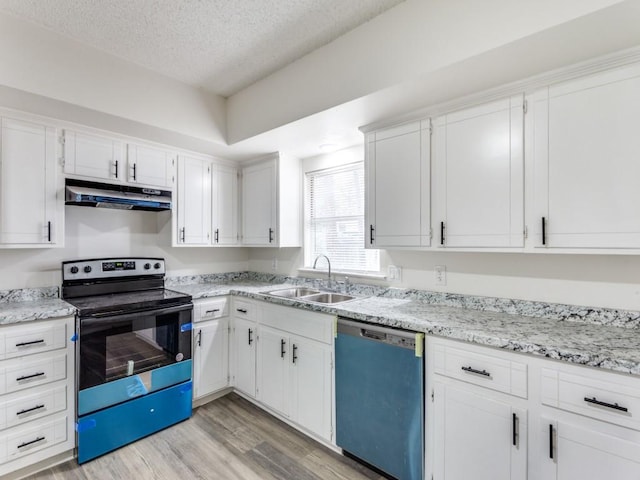 kitchen with dishwasher, sink, white cabinetry, and electric stove