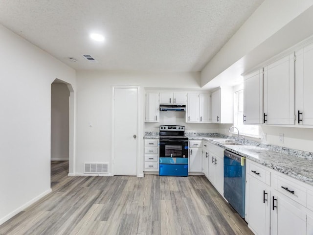 kitchen featuring stainless steel dishwasher, a textured ceiling, sink, white cabinetry, and range with electric stovetop