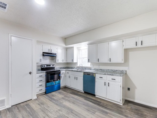 kitchen with black range with electric stovetop, sink, stainless steel dishwasher, a textured ceiling, and white cabinets