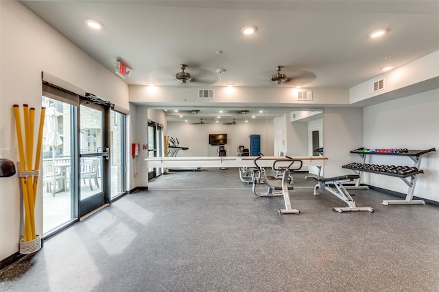 workout area with ceiling fan