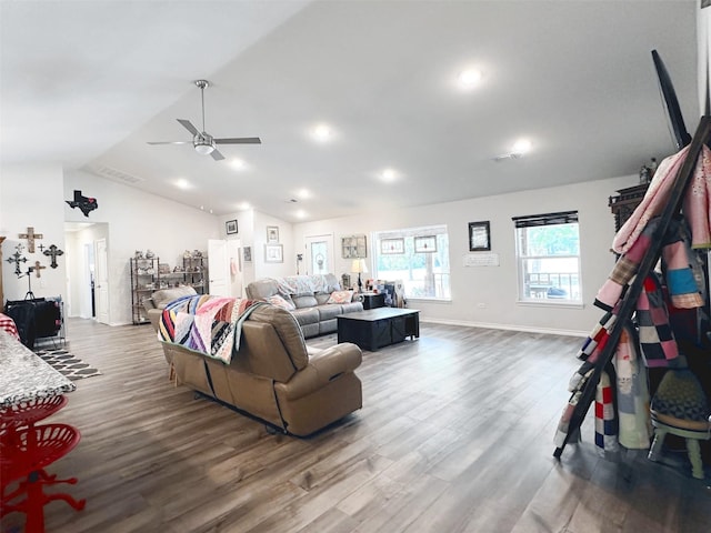 407 W Saunders St, Trenton, TX 75490 - living room featuring lofted ceiling, a ceiling fan, wood finished floors, recessed lighting, and baseboards