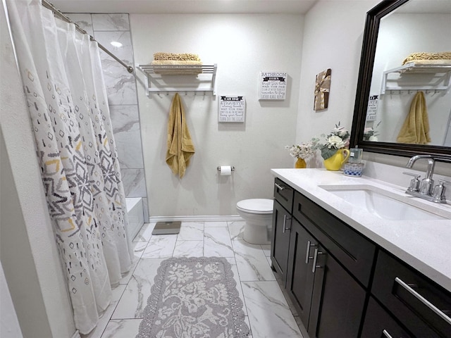 407 W Saunders St, Trenton, TX 75490 - bathroom with marble finish flooring, toilet, vanity, baseboards, and shower / bath combination with curtain