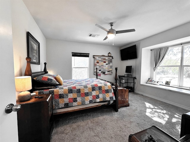 carpeted bedroom featuring ceiling fan