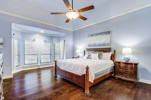 bedroom with ceiling fan, baseboards, ornamental molding, and hardwood / wood-style flooring