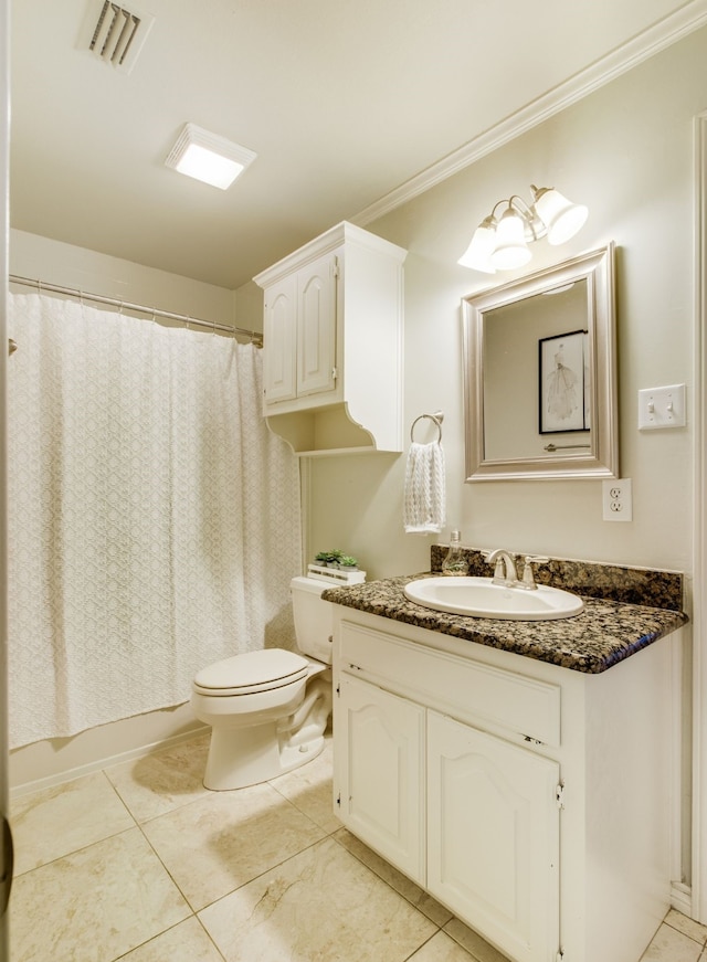 full bathroom with vanity, visible vents, ornamental molding, shower / tub combo, and toilet