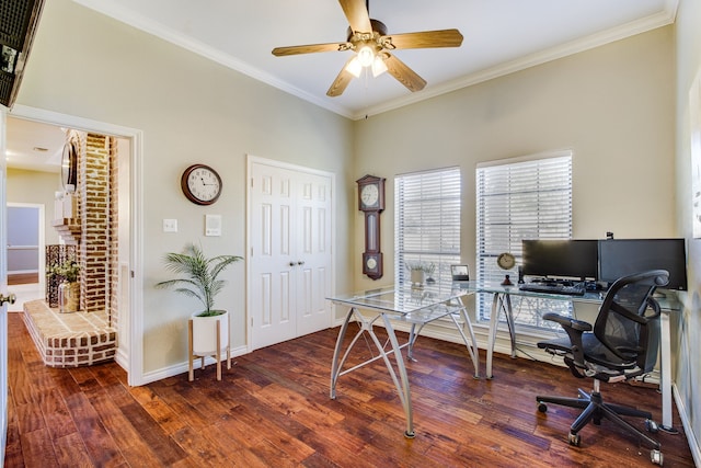 home office with baseboards, a ceiling fan, wood finished floors, and crown molding