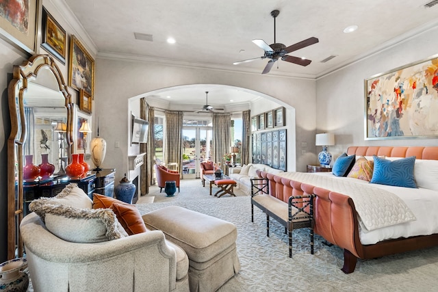 carpeted bedroom with crown molding, access to exterior, and ceiling fan