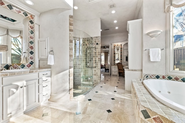 bathroom featuring vanity, ornamental molding, and plus walk in shower