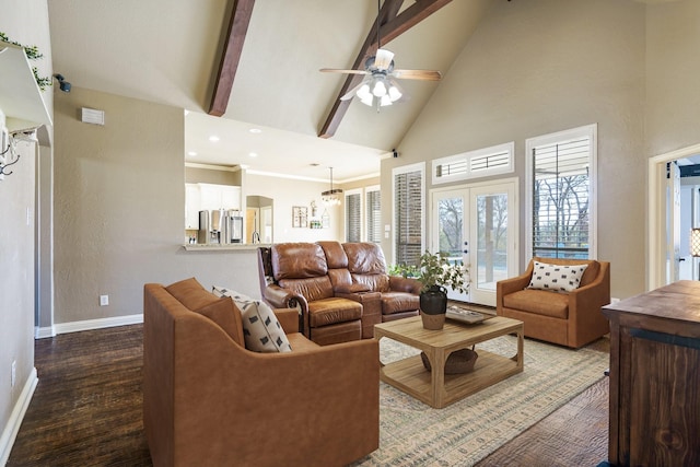 living room with hardwood / wood-style floors, high vaulted ceiling, french doors, ceiling fan, and beam ceiling