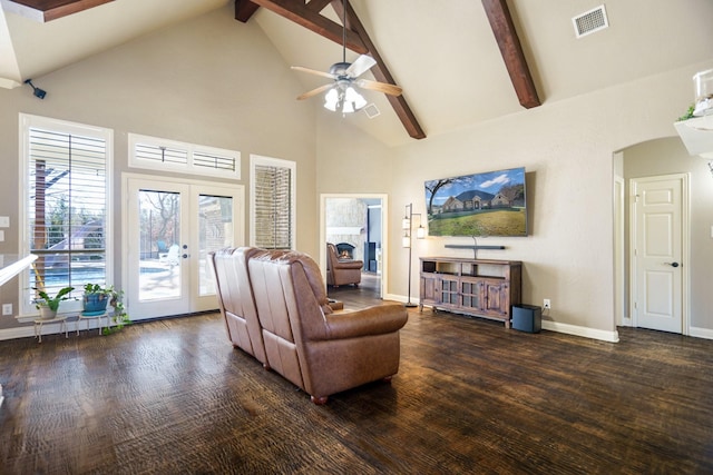 living room with french doors, ceiling fan, high vaulted ceiling, beamed ceiling, and dark hardwood / wood-style floors