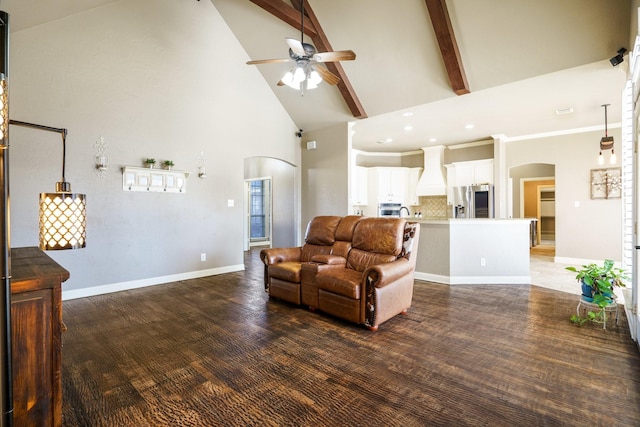 living room featuring beam ceiling, ceiling fan, high vaulted ceiling, and dark wood-type flooring