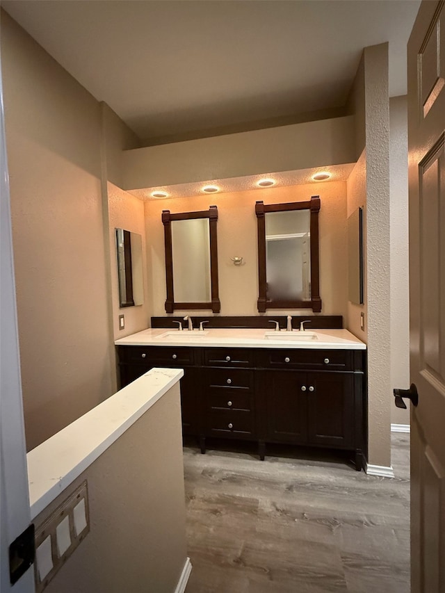 bathroom with vanity and wood-type flooring