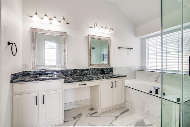 bathroom with vanity, plus walk in shower, and vaulted ceiling