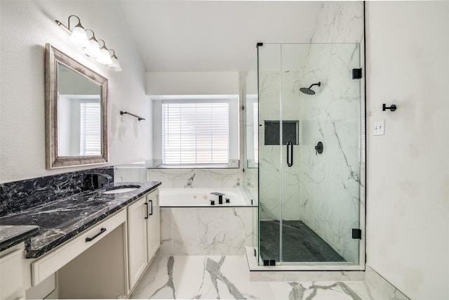 bathroom with plus walk in shower and vanity