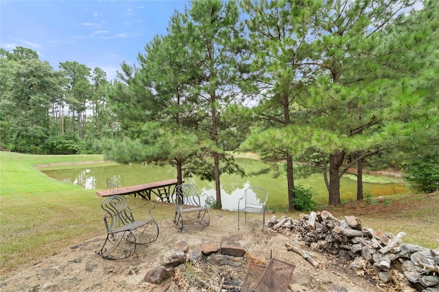 view of patio with a water view