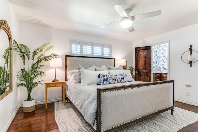 bedroom with ceiling fan and dark wood-type flooring